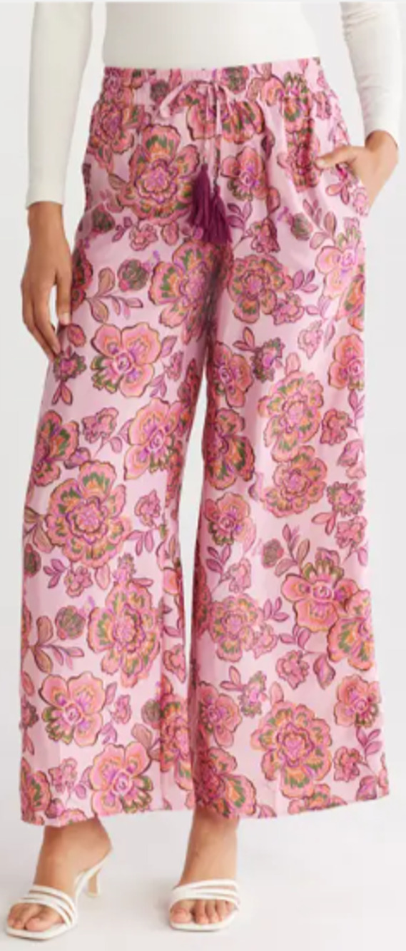 T TAHARI Drawstring Waist Wide Leg Pants In Princess Floral Size Small 4-8 NEW